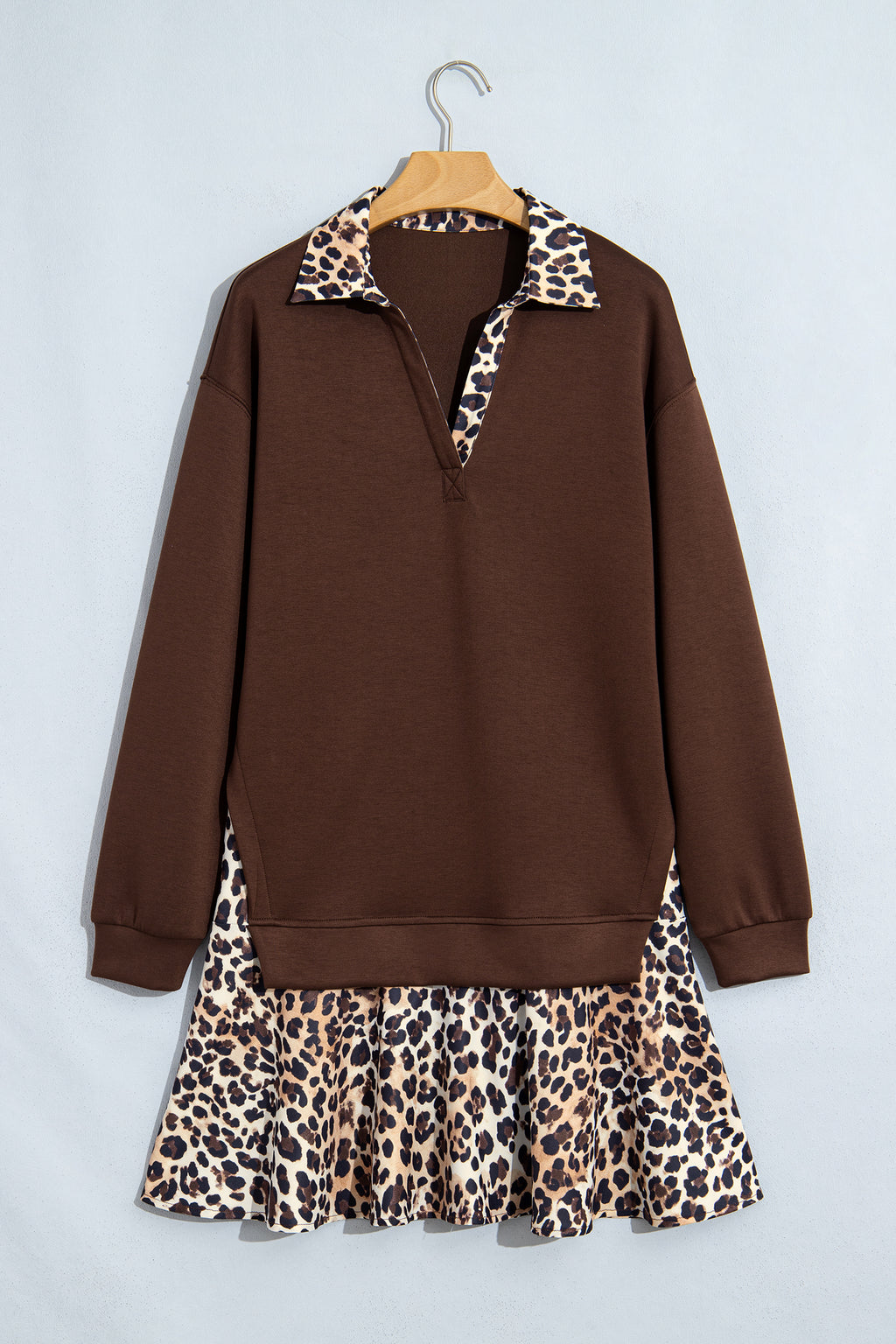 Women's Coffee Leopard Patchwork Collar Dress