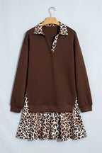 Women's Coffee Leopard Patchwork Collar Dress
