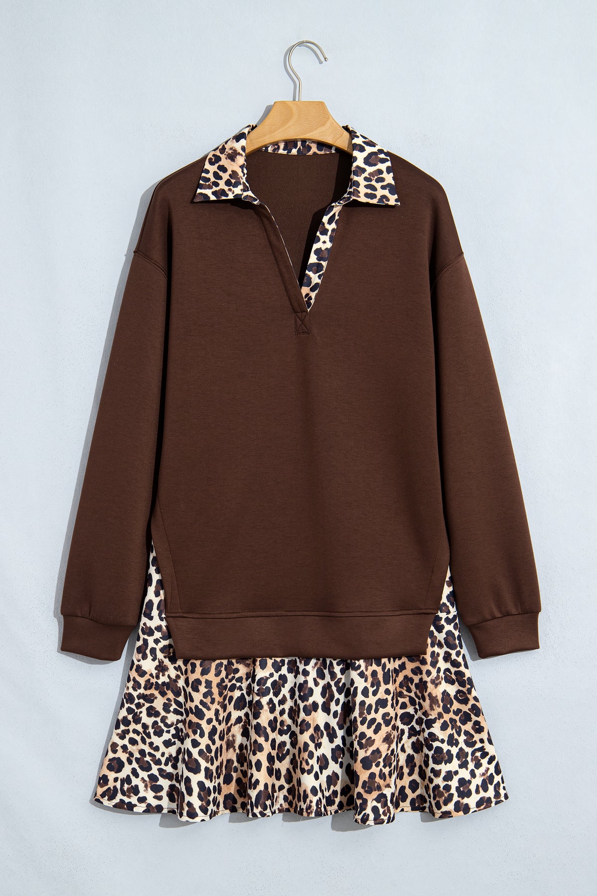 Women's Coffee Leopard Patchwork Collar Dress