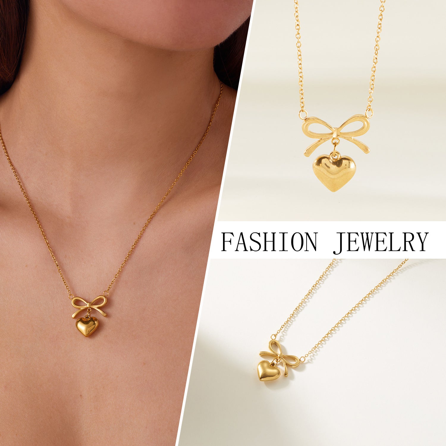 Heart bow stainless steel pendant necklace