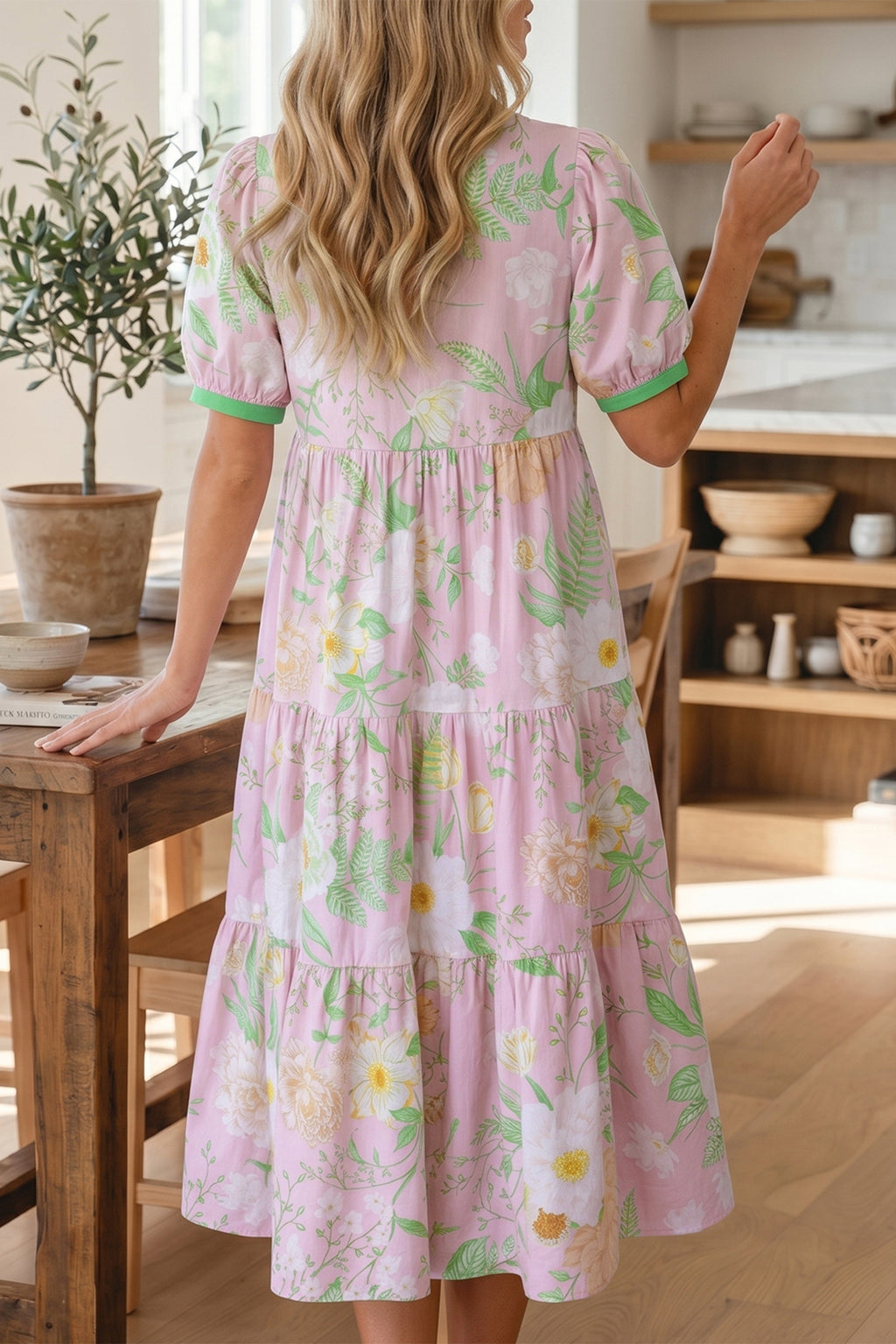 Pink Floral Puff-Sleeve Tiered Maxi Dress