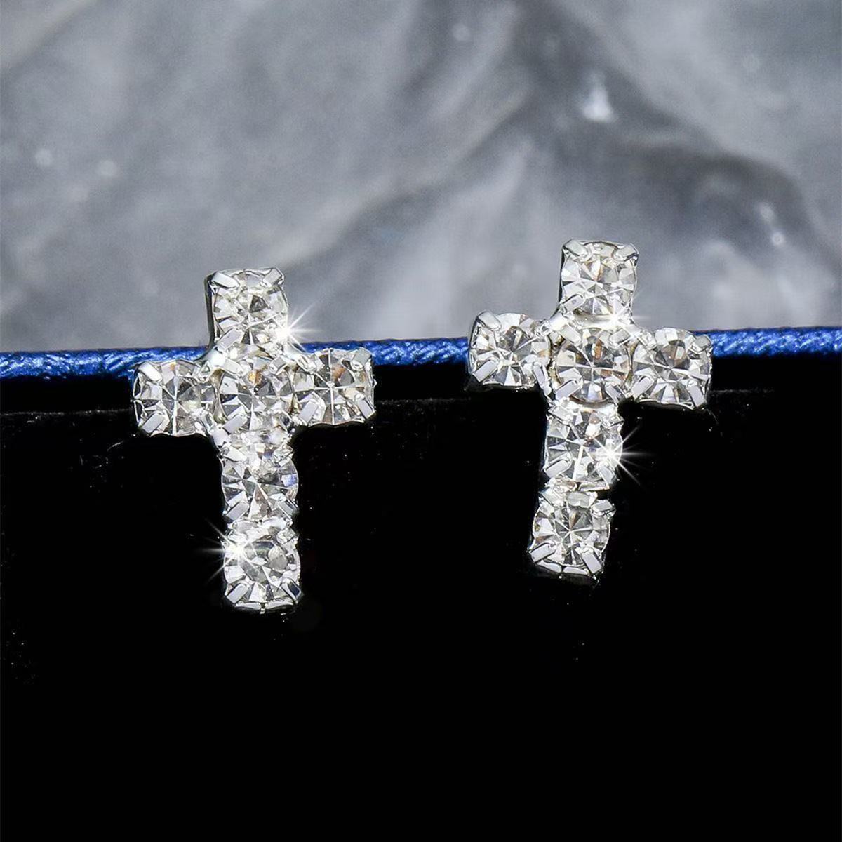 Silver pave cross flat-back stud earrings