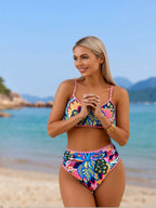 Women's multicolor floral bikini swimsuit with scoop bra top and ruched waist briefs