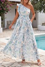 Sky Blue Floral One-Shoulder Maxi Dress