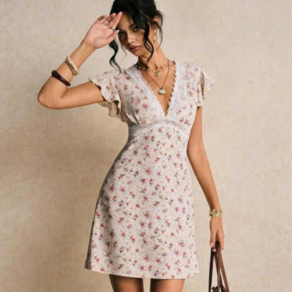 White floral lace-panel A-line dress
