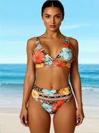 Multicolor floral bikini top and high-rise bottoms, V-neck with adjustable straps