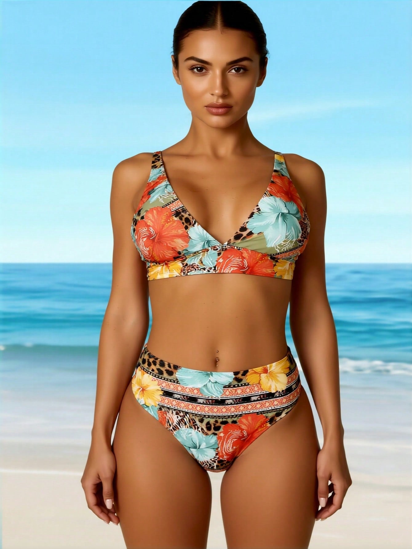 Multicolor floral bikini top and high-rise bottoms, V-neck with adjustable straps