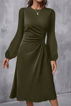 Jungle Green Ruched Long-Sleeve Midi Dress