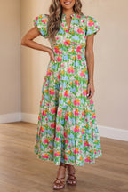 Green Floral Puff-Sleeve Cotton Maxi Dress