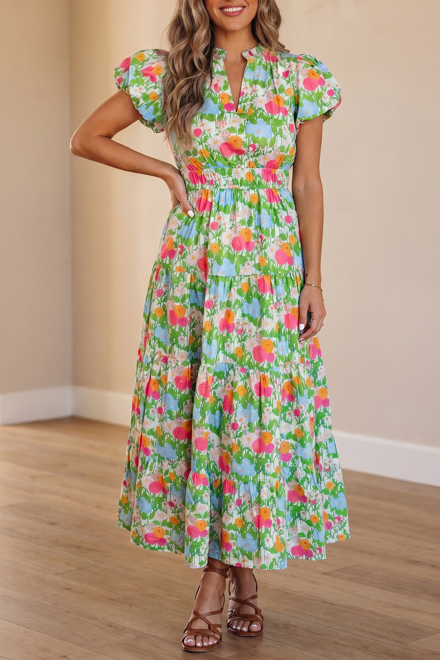Green Floral Puff-Sleeve Cotton Maxi Dress