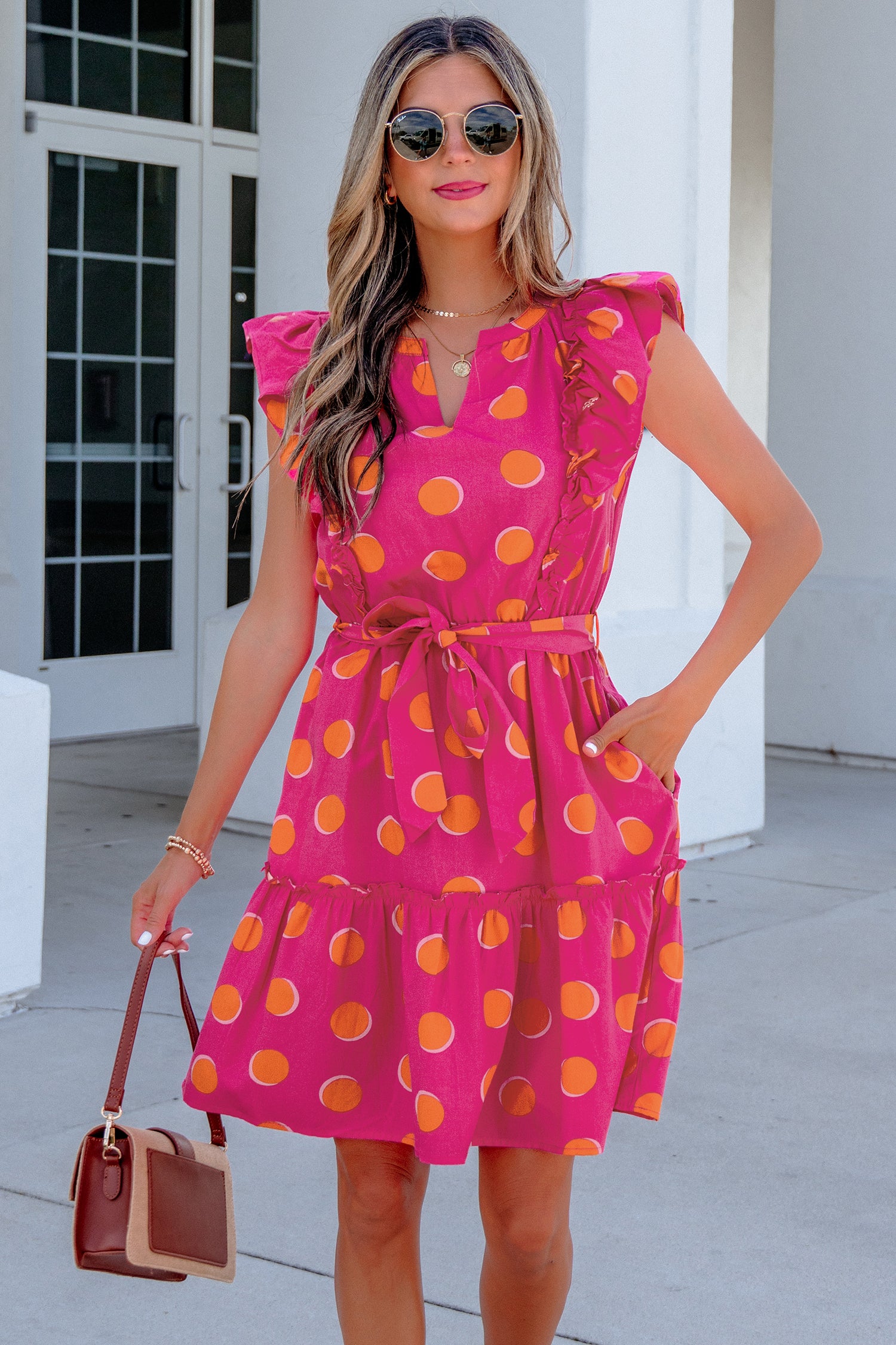 Rose Double Polka-Dot V-Neck Dress