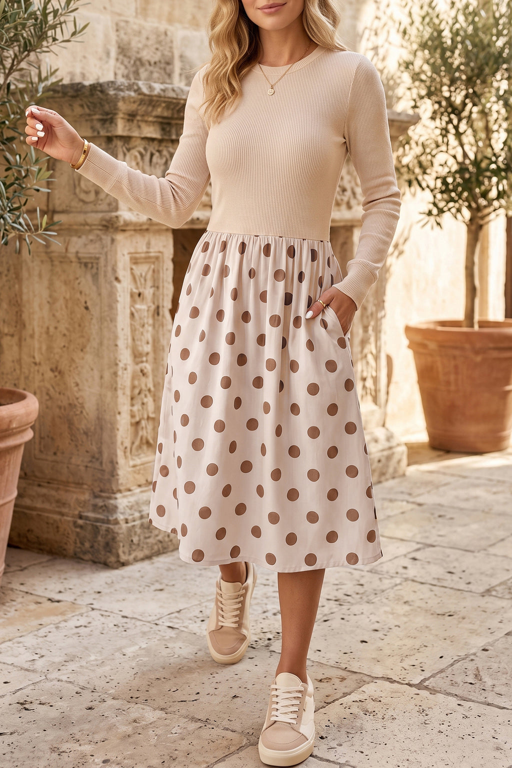 Women's Beige Polka-Dot Ribbed Midi Dress