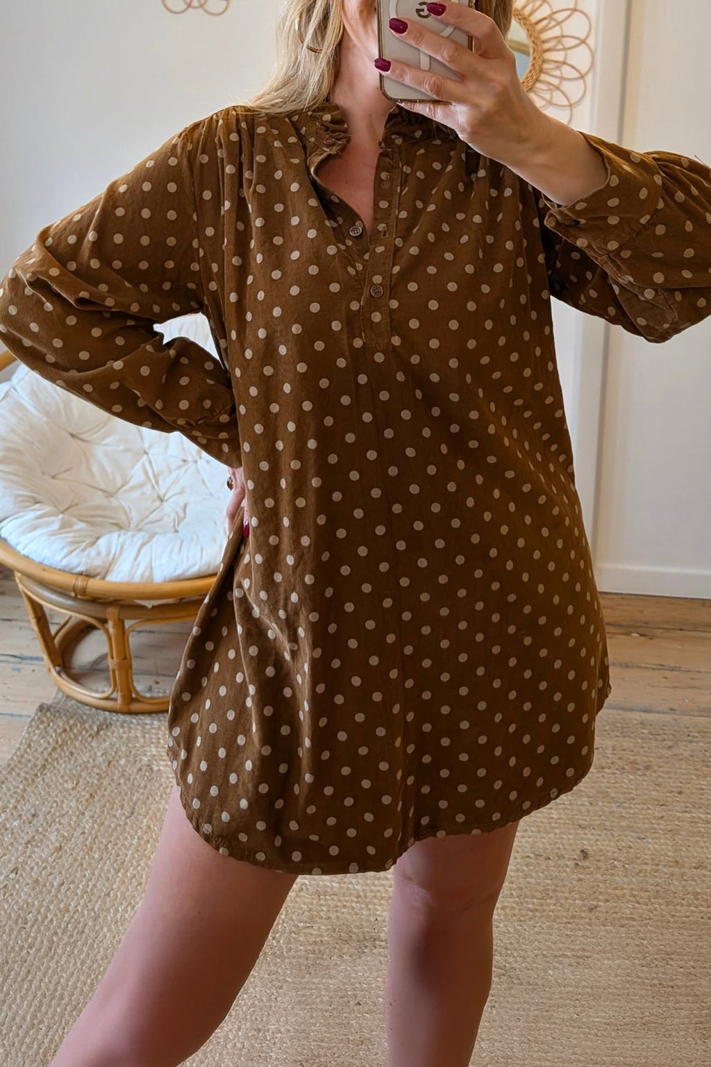 Women's Brown Polka-Dot V-Neck Button-Front Dress
