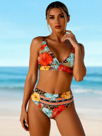 Multicolor floral V-neck bikini top with matching high-rise bottoms