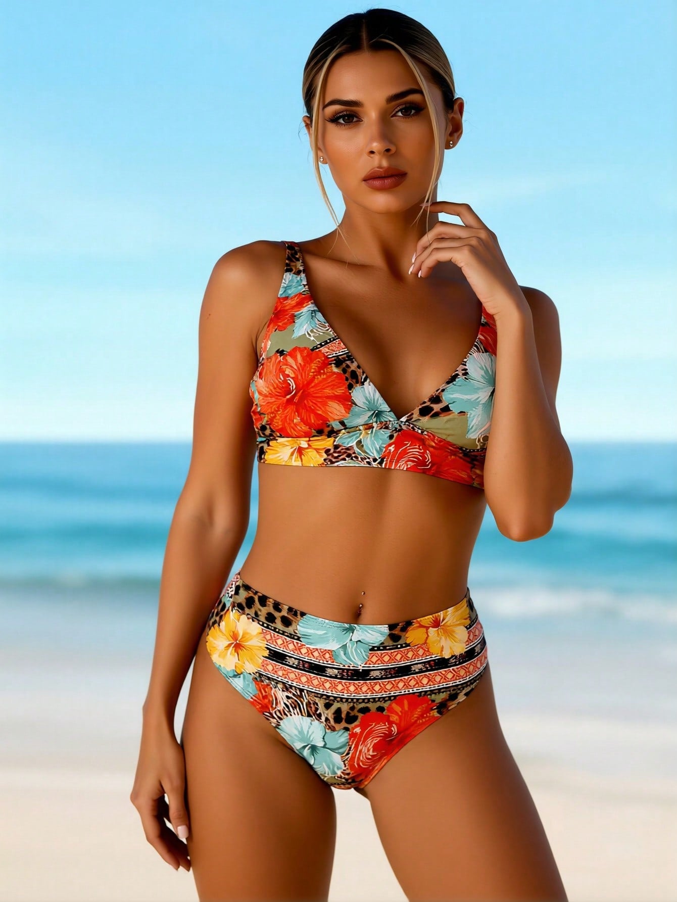 Multicolor floral V-neck bikini top with matching high-rise bottoms