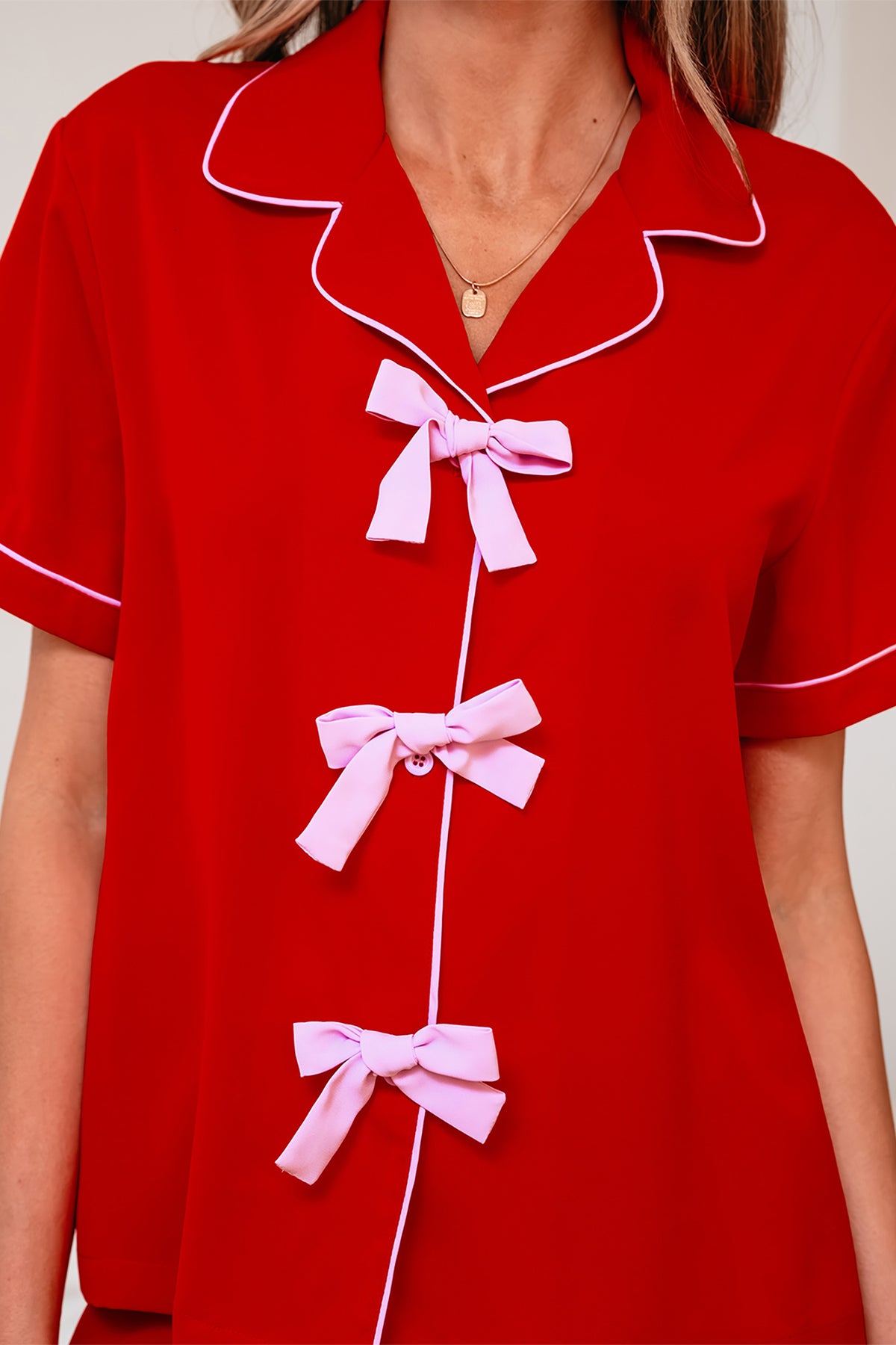 Fiery Red Ribbon-Bow Pajama Set
