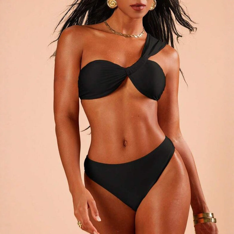 Women's black one-shoulder twist bikini set