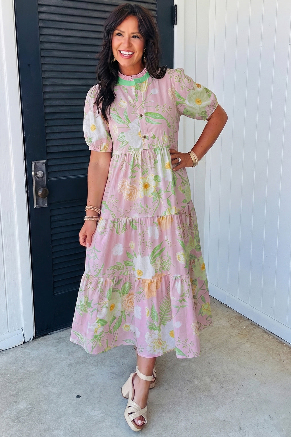 Pink Floral Puff-Sleeve Tiered Maxi Dress