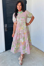 Pink Floral Puff-Sleeve Tiered Maxi Dress