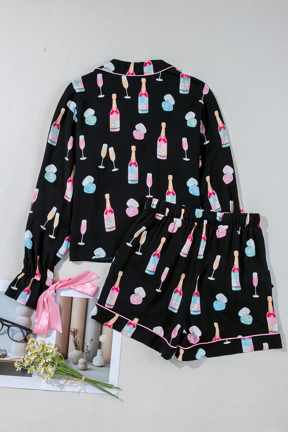 Black Christmas Wine-Glass Pajama Set