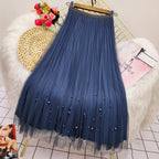 Pleated mesh beaded midi skirt