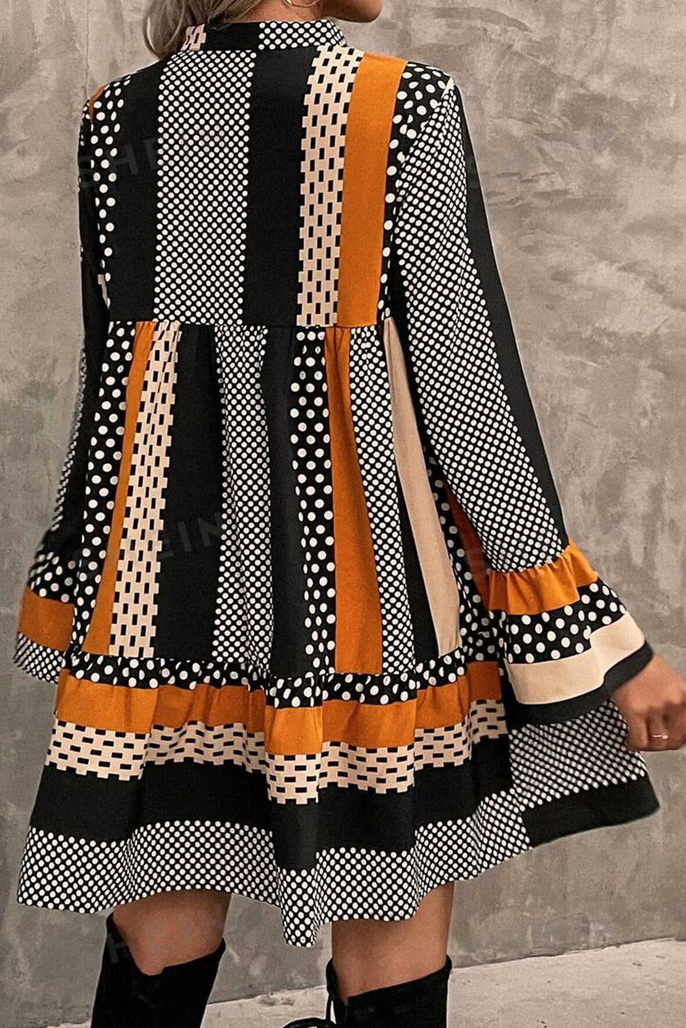 Black Striped Polka-Dot Ruffle-Hem Mini Dress