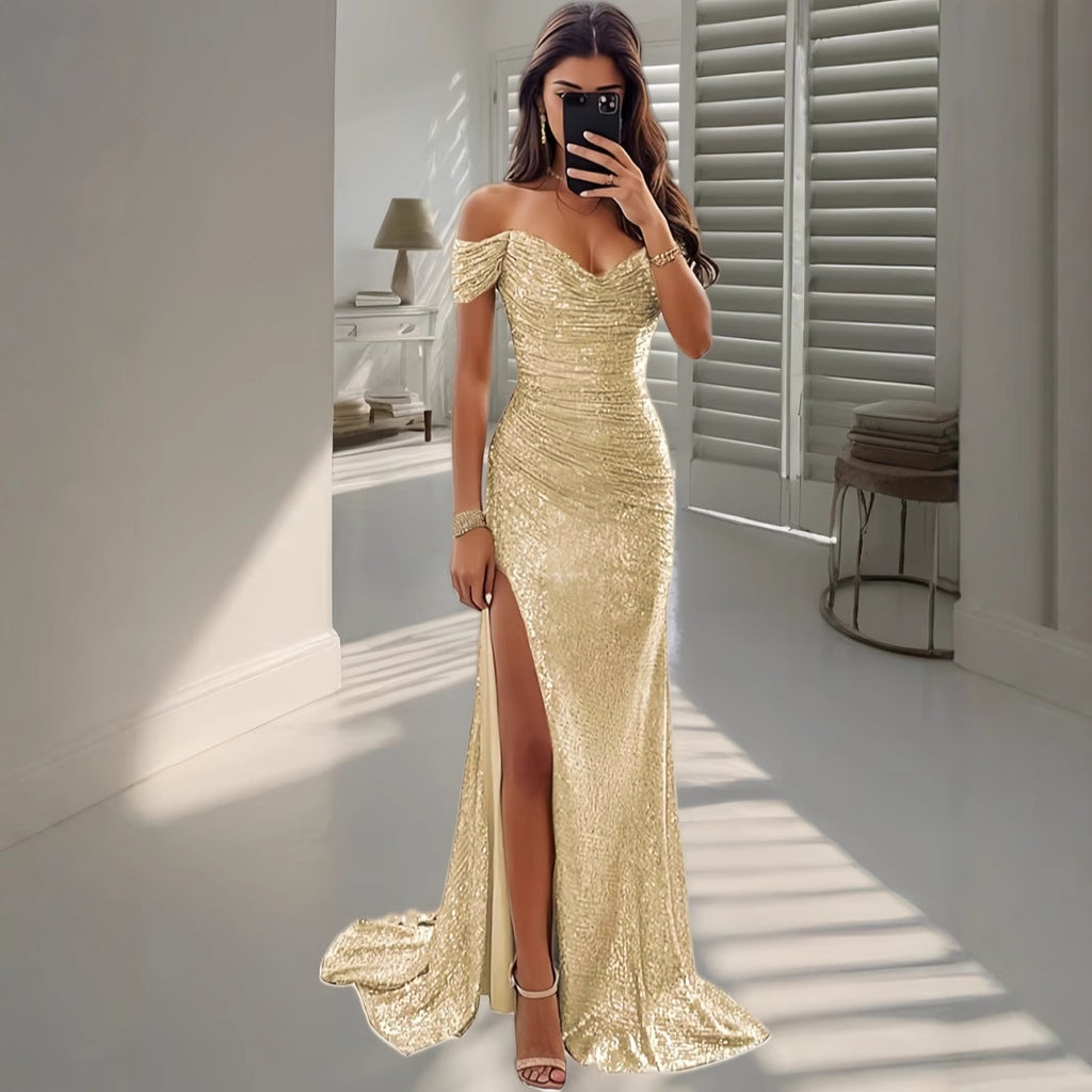 Women's champagne sequin off-shoulder maxi dress