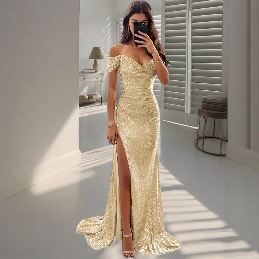 Women's champagne sequin off-shoulder maxi dress