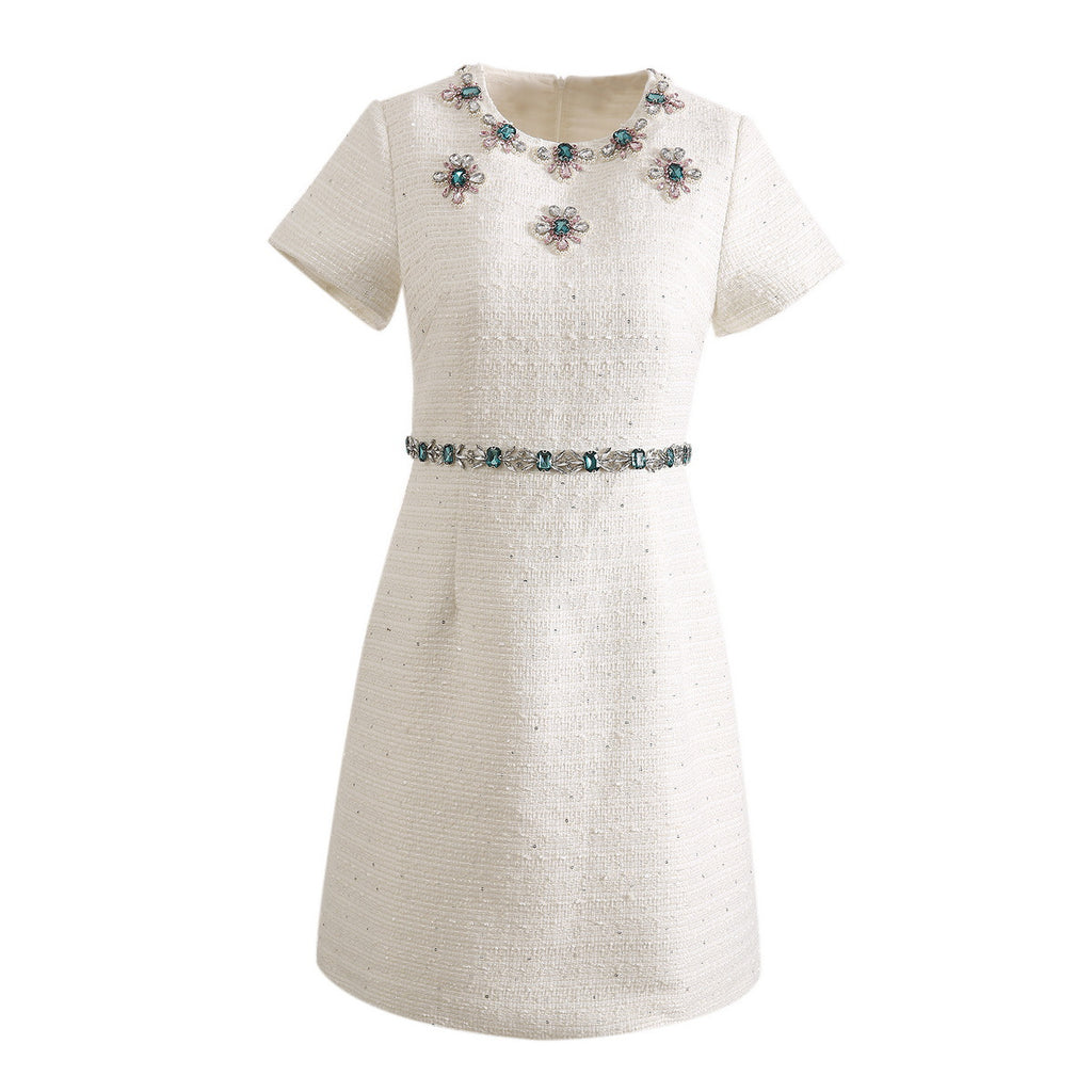 Beige sequin mini dress, crew neck, short sleeves, jeweled floral border