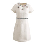 Beige sequin mini dress, crew neck, short sleeves, jeweled floral border