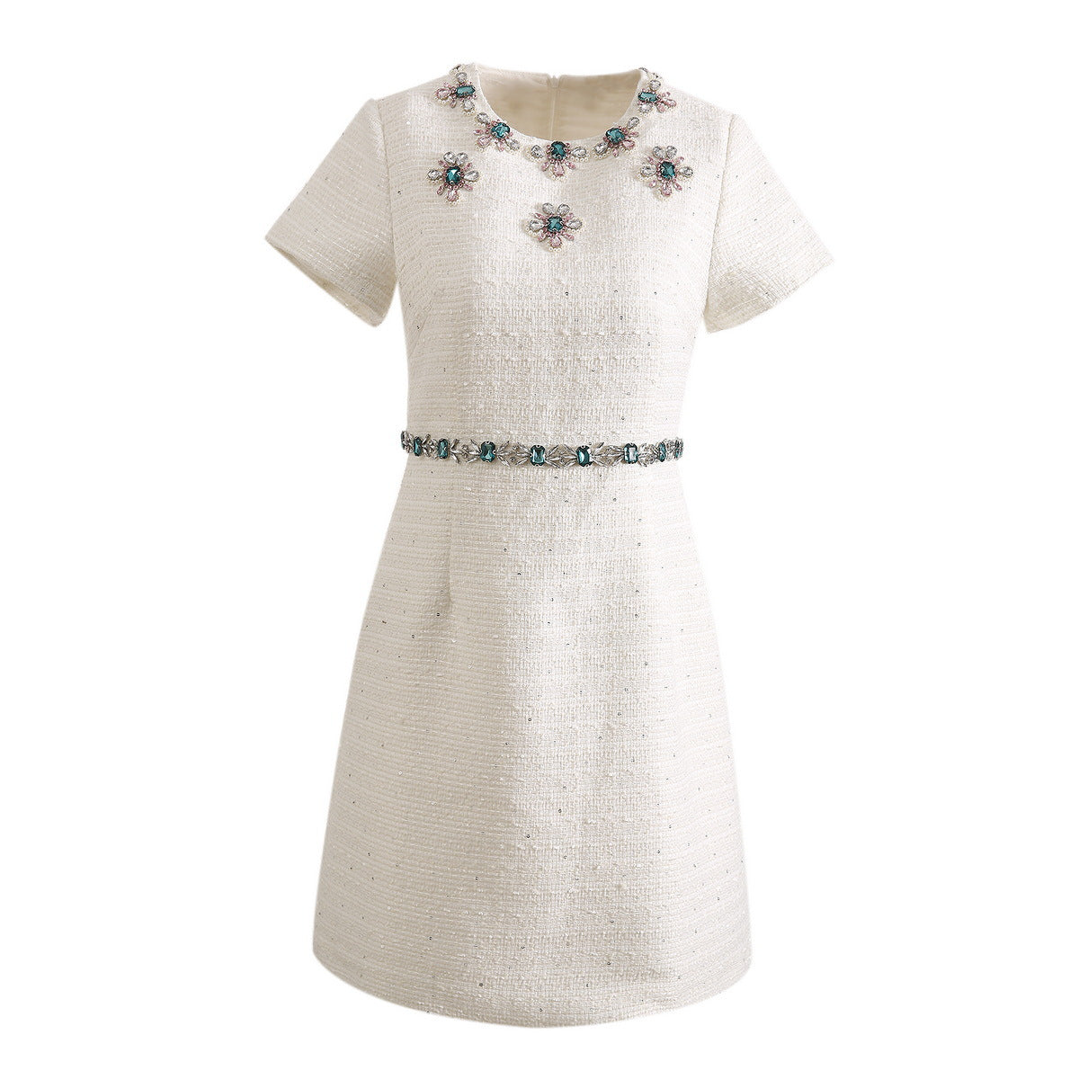Beige sequin mini dress, crew neck, short sleeves, jeweled floral border