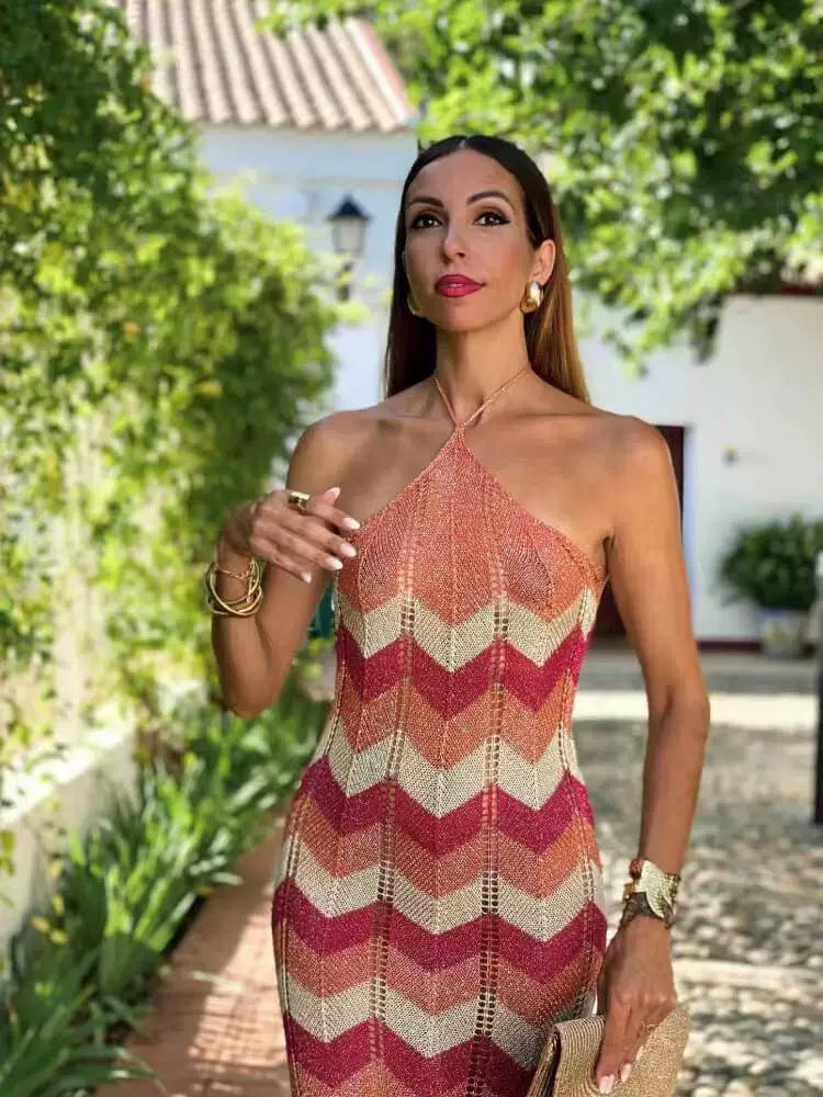 Women's Coral Chevron Crochet Maxi Cover-Up Dress