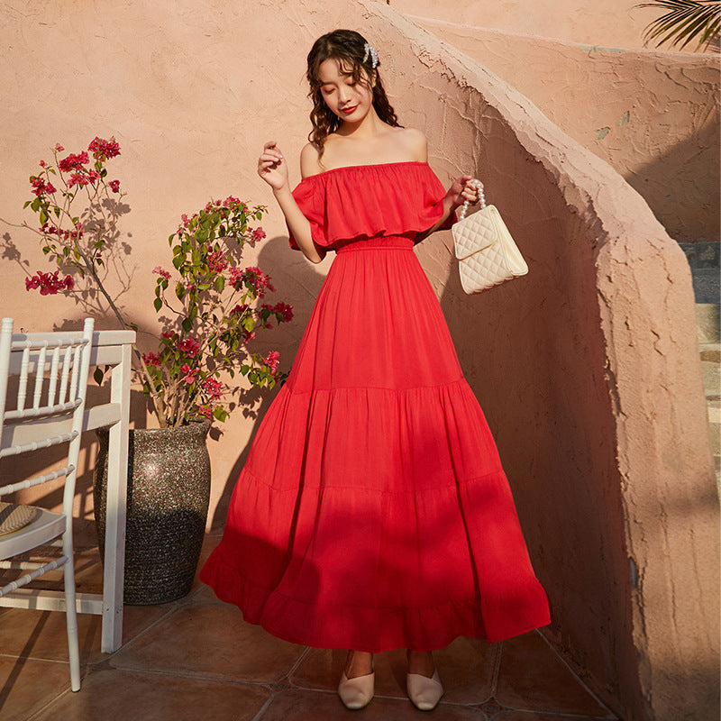 Red boho off-shoulder tiered dress with gathered waist and ruffled bodice