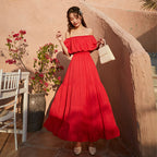 Red boho off-shoulder tiered dress with gathered waist and ruffled bodice