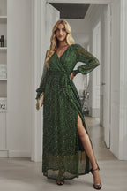 Green sequin maxi dress with V-neck, wrap waist, and thigh-high side slit