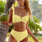 Women's Yellow Textured Bow-Strap High-Waist Bikini Set