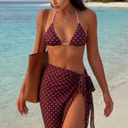 Women's Burgundy Polka-Dot 3-Piece Bikini Set with Sarong