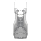 Silver sequin sling mini dress with heart-ring cutout at the bust