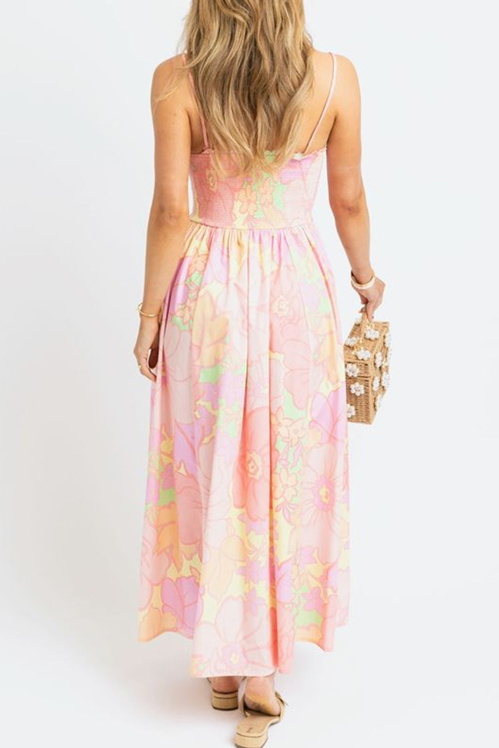 Pink Floral Shirred-Waist Spaghetti-Strap Dress