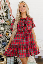 Women's Red Plaid Knot-Neck Shift Mini Dress