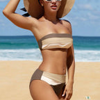 Women's tan ivory color-block bandeau bikini set
