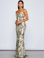 Women’s sequin maxi dress, front view, spaghetti straps, green-and-cream ornate pattern