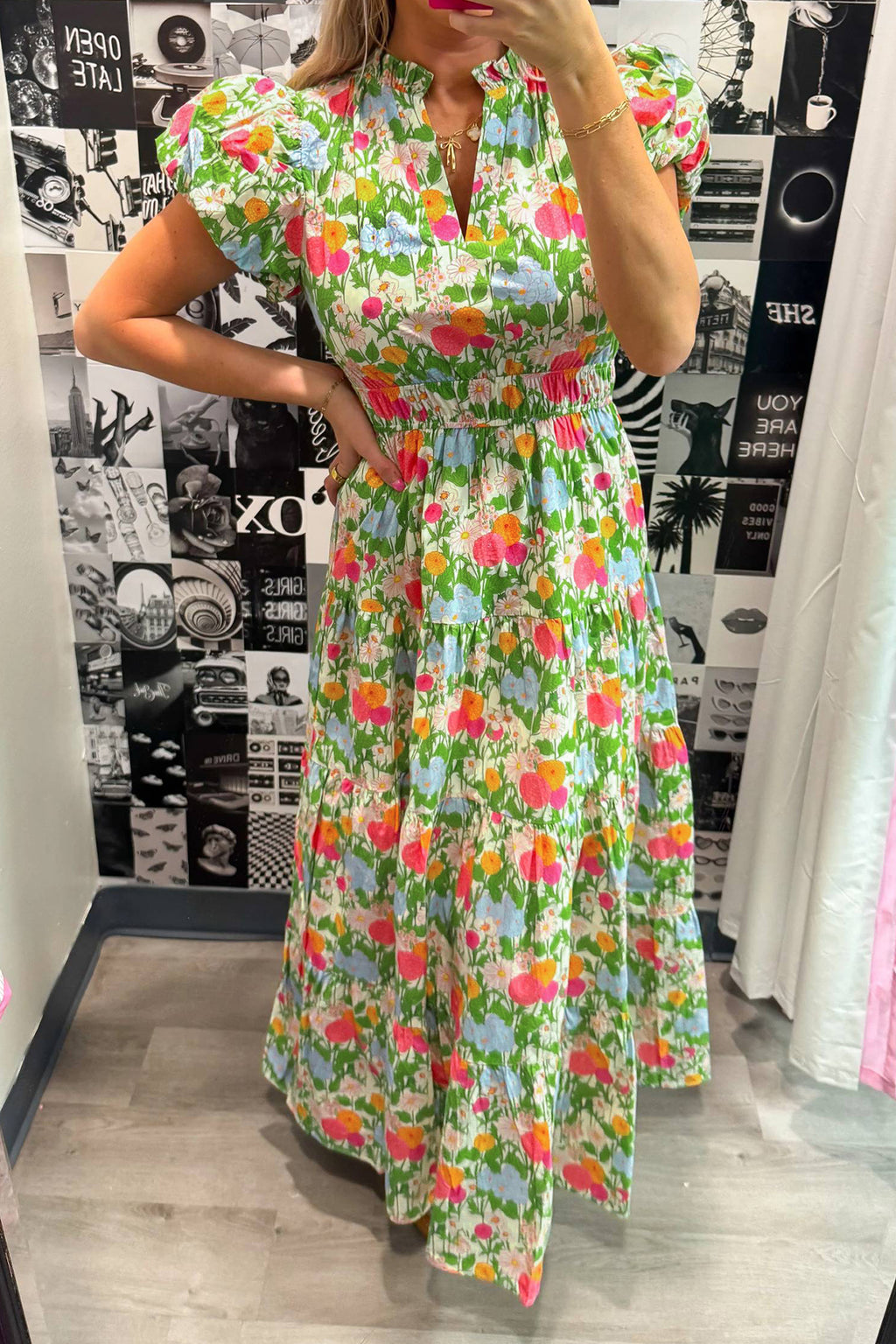 Green Floral Puff-Sleeve Cotton Maxi Dress