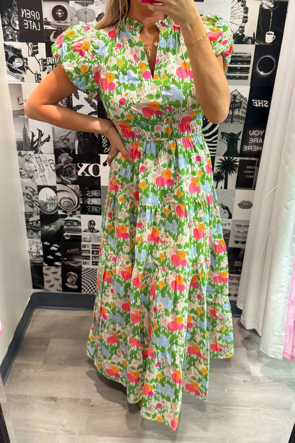 Green Floral Puff-Sleeve Cotton Maxi Dress