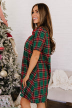 Green Plaid Button-Front Shift Dress