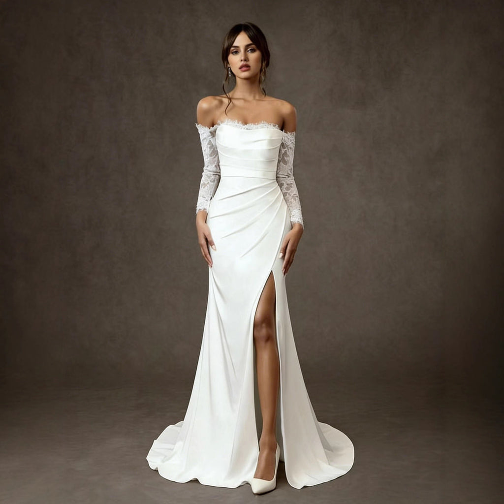 Women's white one-shoulder long-sleeve slit wedding dress