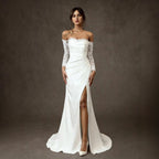 Women's white one-shoulder long-sleeve slit wedding dress