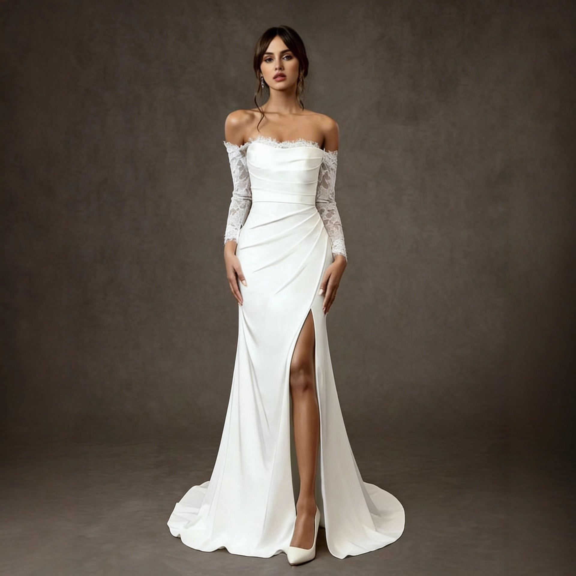 Women's white one-shoulder long-sleeve slit wedding dress