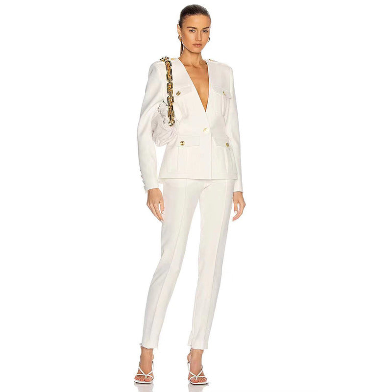 Women's ivory belted blazer and pants set