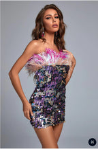 Strapless sequin mini dress with pink feather trim, multicolor sequin pattern
